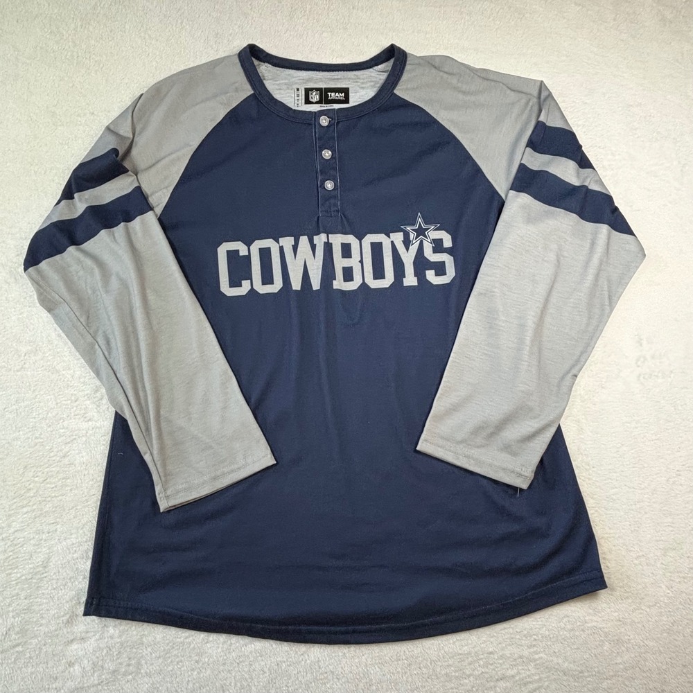 NFL Team Apparel Dallas Cowboys Henley Shirt Womens Medium Navy Gray Long Sleeve